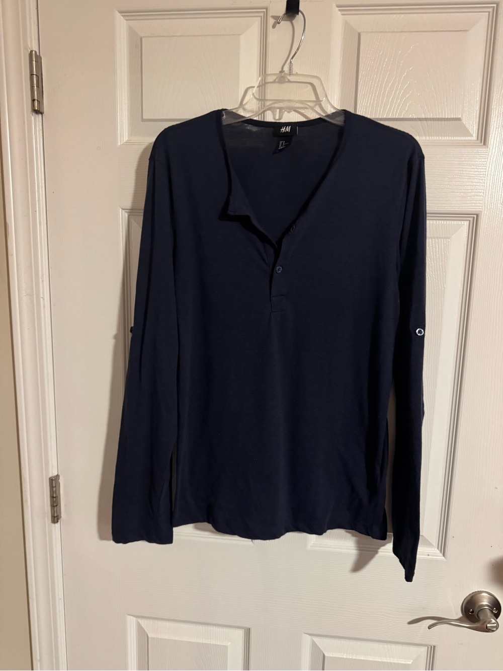 H&M Men's Long Sleeve Navy Henley Top